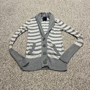 American Eagle Cardigan Sweater Shawl Collar Gray White Stripe Sz S Y2K
